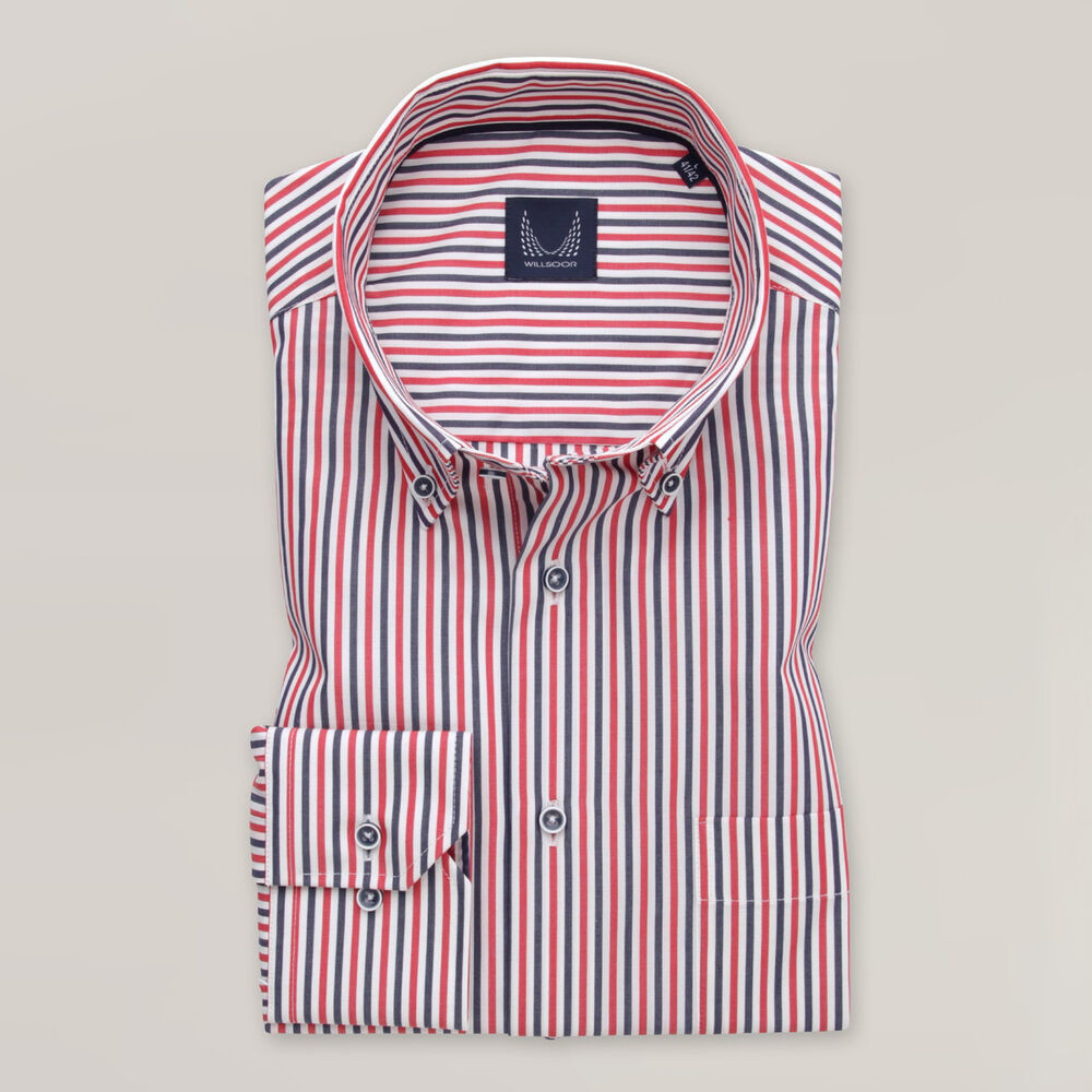 Pánska košeľa slim fit s červenými a tmavomodrými prúžkami 15609