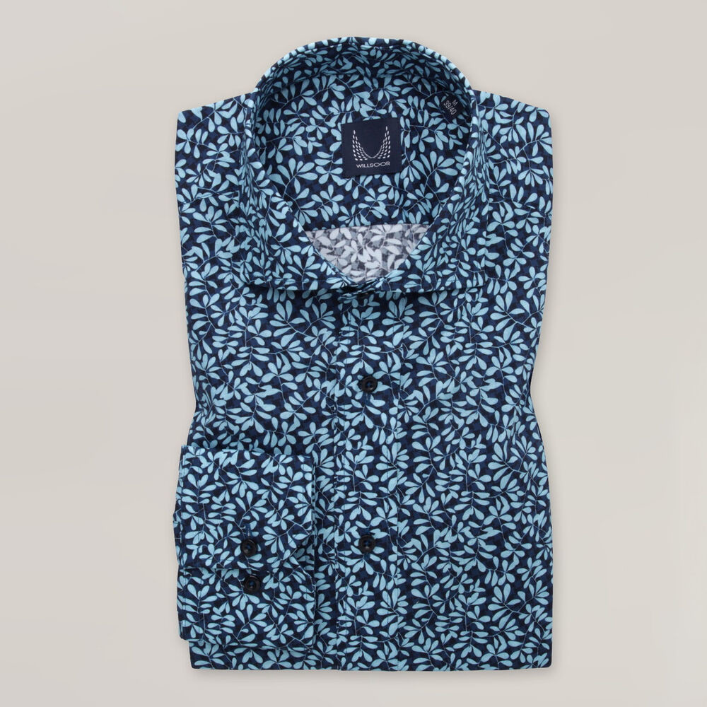 Pánska tmavomodrá košeľa slim fit s jemnými lístočkami 15611