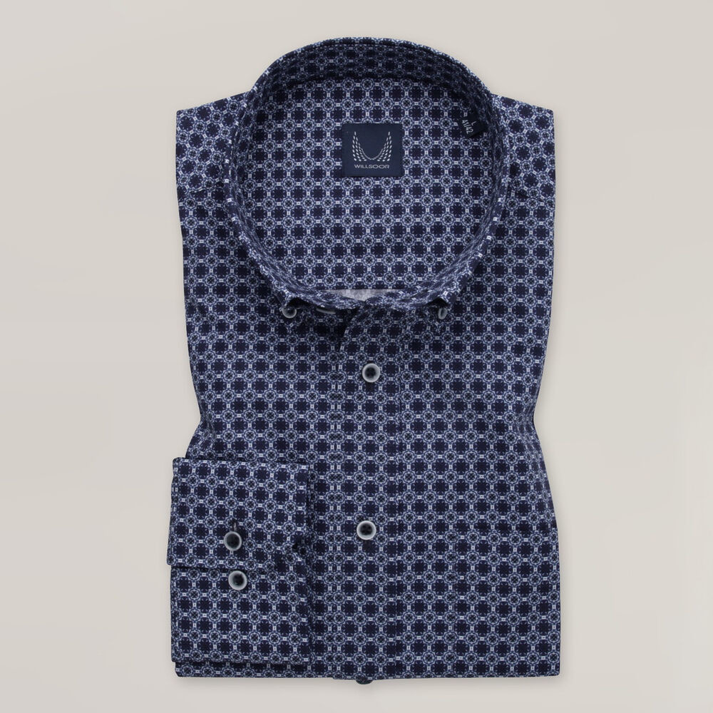Pánska tmavomodrá košeľa slim fit so svetlým geometrickým vzorom 15613