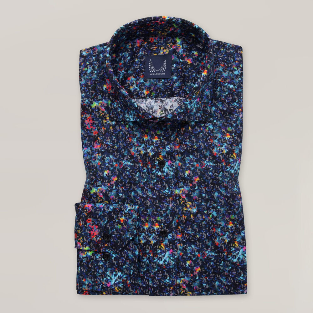 Pánska tmavomodrá košeľa slim fit s viacfarebným abstraktným vzorom 15619