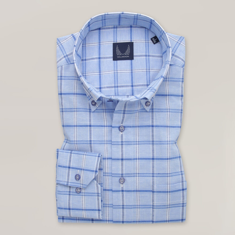 Pánska modrá károvaná košeľa slim fit s prímesou ľanu 15625