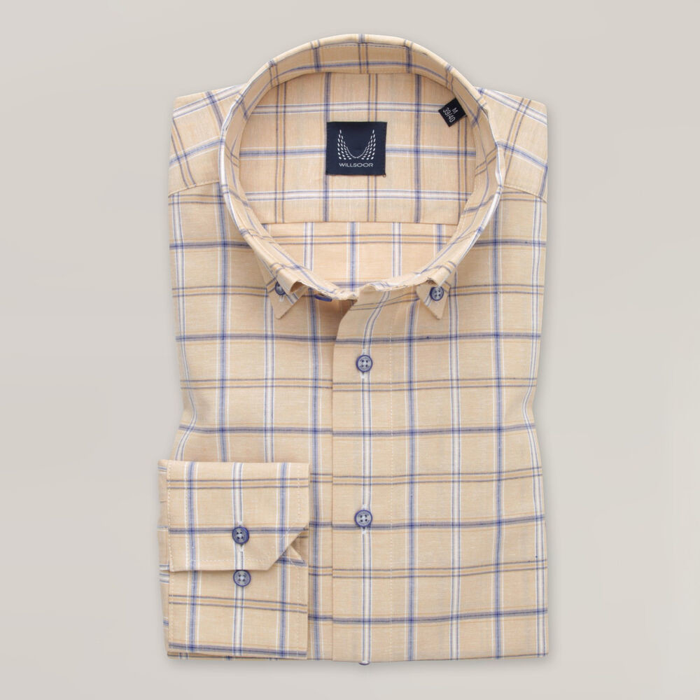 Pánska béžová károvaná košeľa slim fit s prímesou ľanu 15627