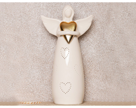 Dekoračná soška LED anjel so zlatým srdcom, biela%