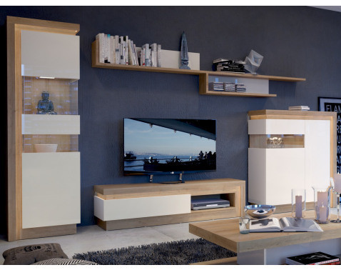 Obývacia stena Lyon, dub riviéra/biela lesk, s osvetlením%