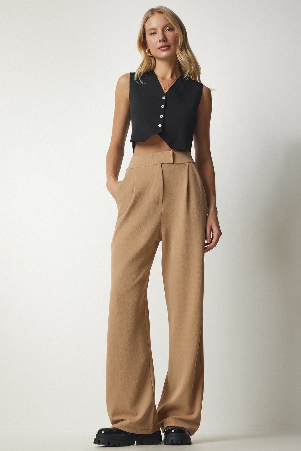 Happiness İstanbul Women's Biscuit Waist Velcro Comfortable Woven Pants