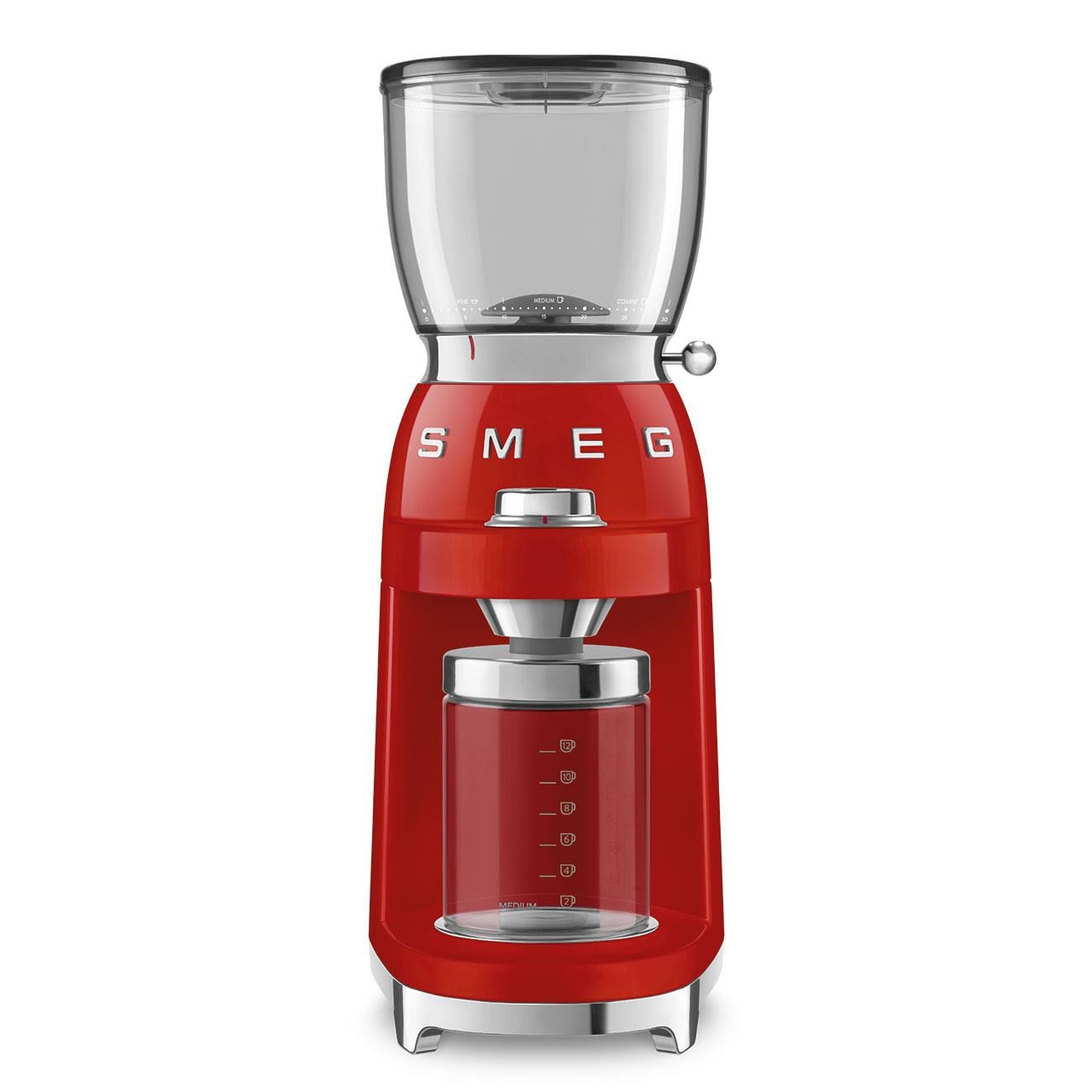 Smeg CGF11RDEU mlynček na kávu, 150 W, nastaviteľná hrubosť, nerezový mlynček, nádoba z tritánu, červený