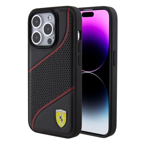 Ferrari PU Leather Perforated Slanted Line Zadní Kryt pro iPhone 15 Pro Black