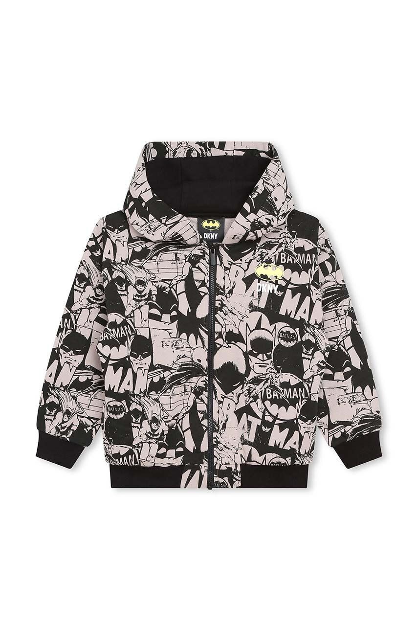 Detská bavlnená mikina Dkny x DC Comics čierna farba, s kapucňou, vzorovaná