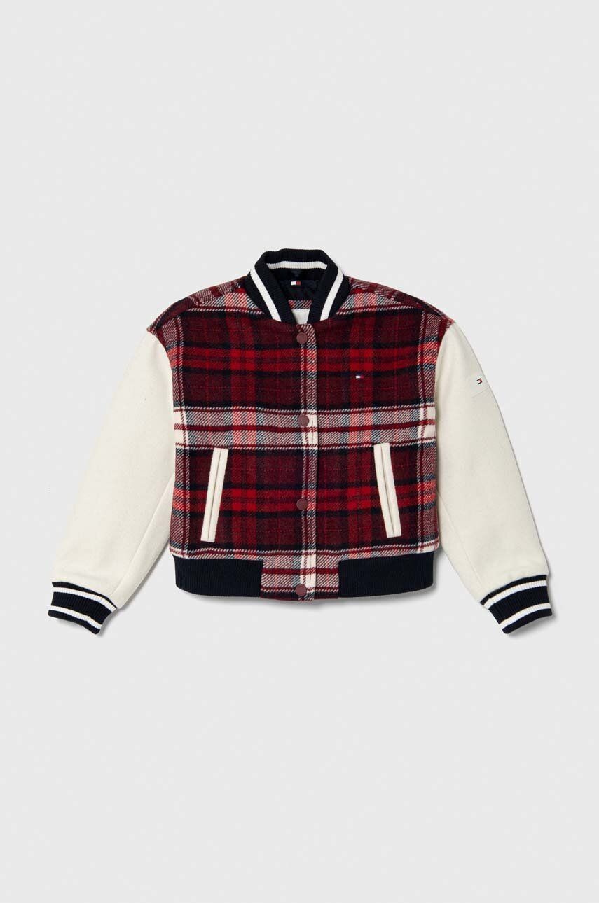 Detská bunda bomber s prímesou vlny Tommy Hilfiger červená farba