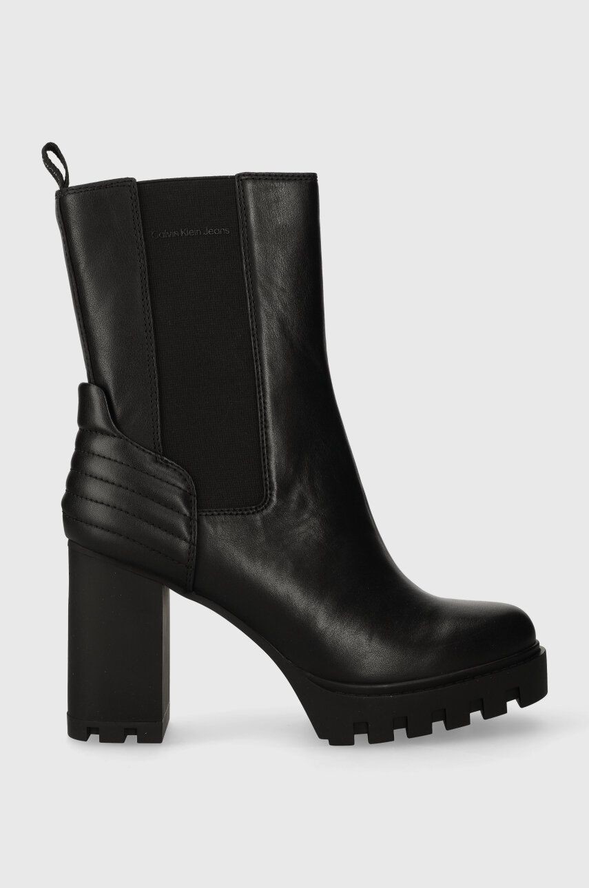 Členkové topánky Calvin Klein Jeans PLATFORM CHELSEA BOOT LTH WN dámske, čierna farba, na podpätku, jemne zateplené, YW0YW01140