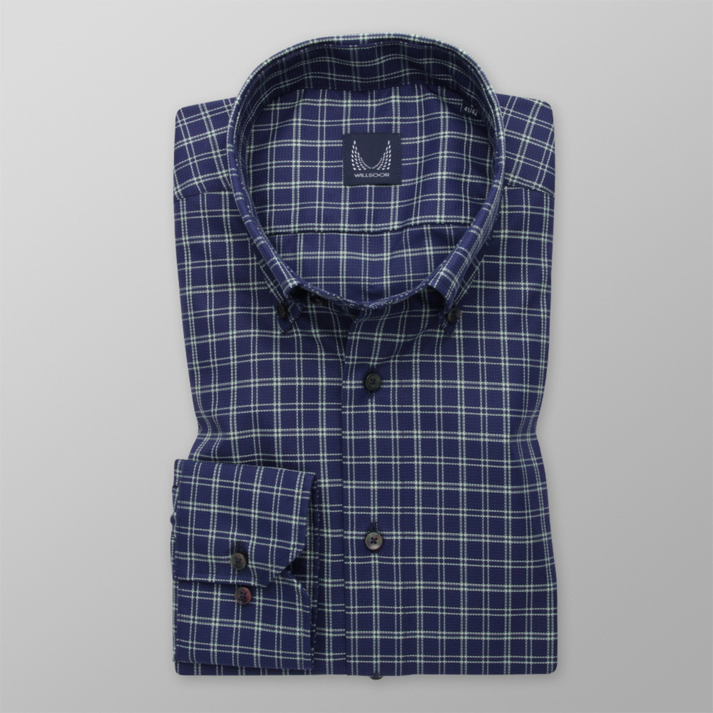 Pánska slim fit košeľa tmavomodrá so zeleným károvaným vzorom 13856