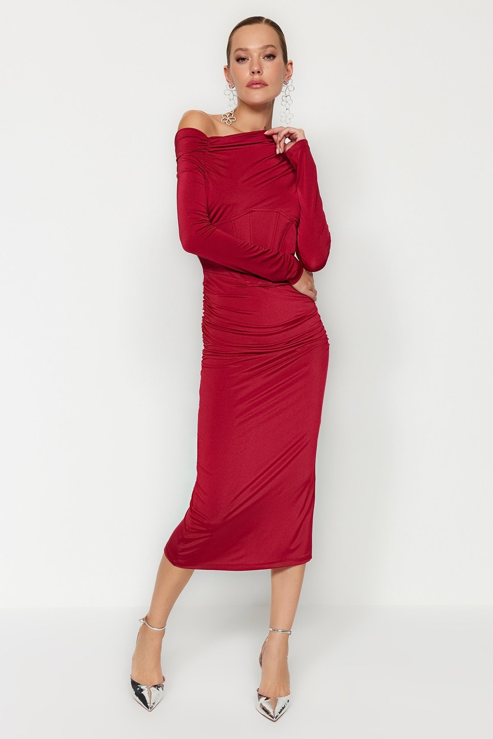 Trendyol Burgundy Fitted Evening Dress with Knitted Bodice Detail