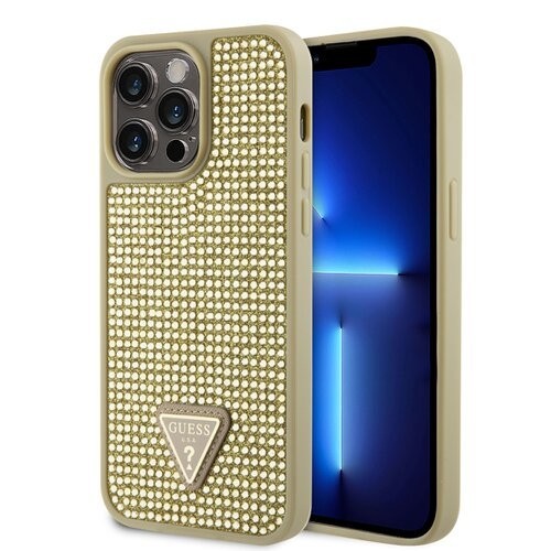 Guess Rhinestones Triangle Metal Logo Kryt pro iPhone 15 Pro Max Gold