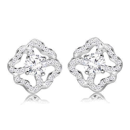 Puzetové náušnice zo striebra 925 - číry ligotavý obrys kvetu, okrúhly trblietavý zirkón