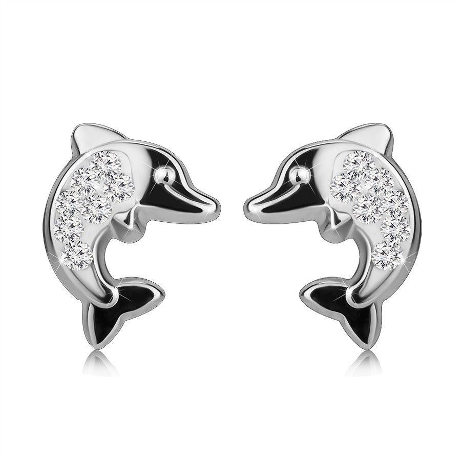 Puzetové náušnice z bieleho zlata 585 - skákajúce delfíny, číre zirkóny