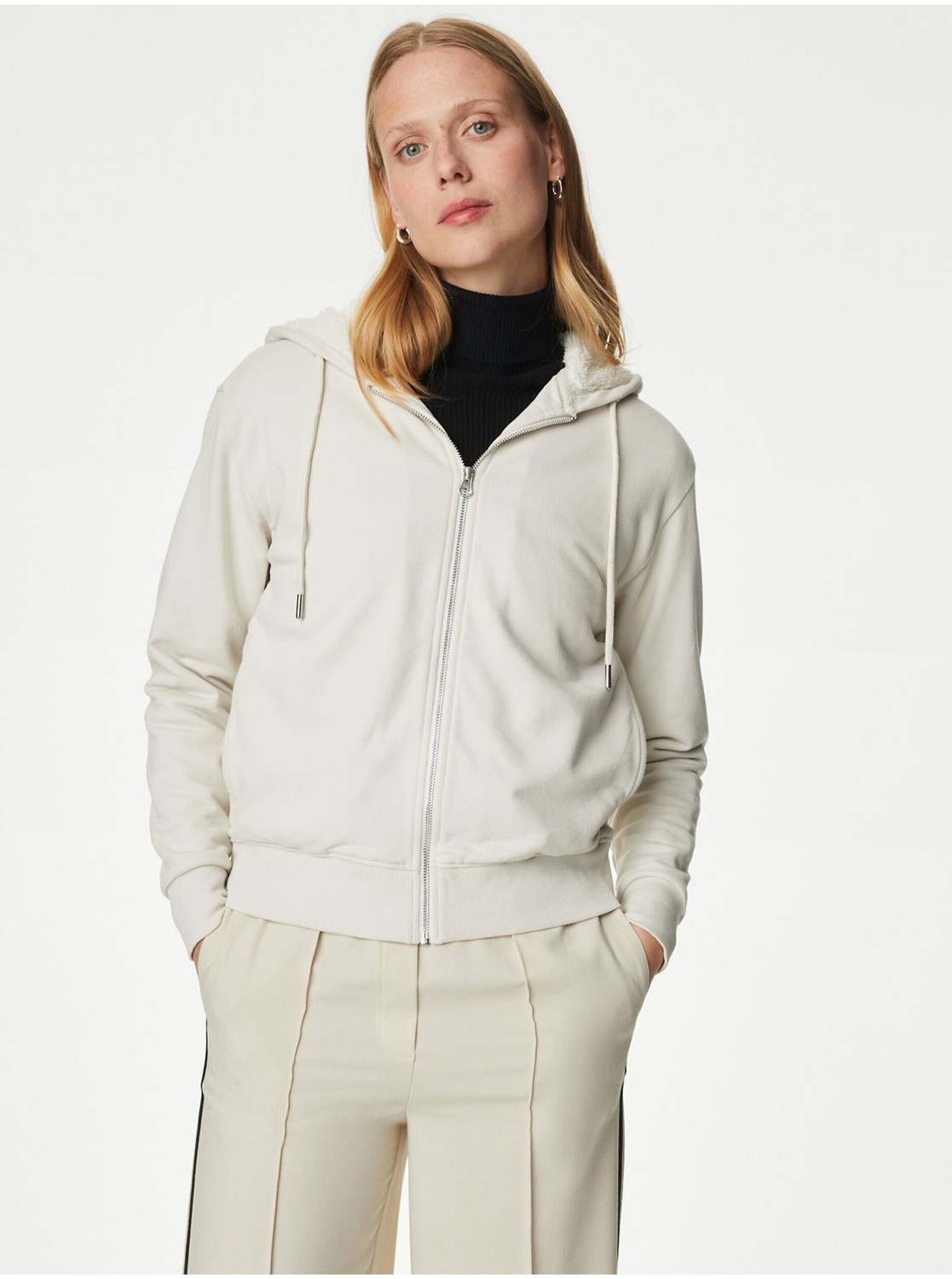 Krémová dámska basic mikina na zips s kapucňou Marks & Spencer