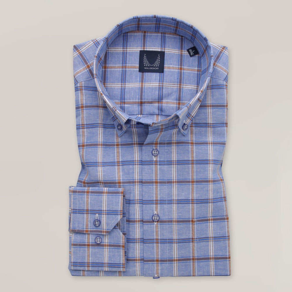 Pánska klasická modrá košeľa s hnedým károvaným vzorom a s prímesou ľanu 15630