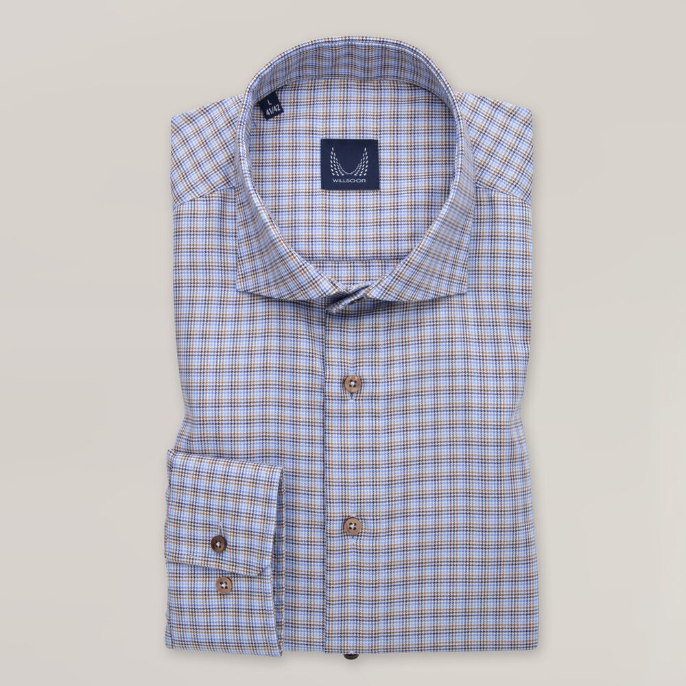 Pánska košeľa slim fit s jemným modro-hnedým károvaným vzorom 15684