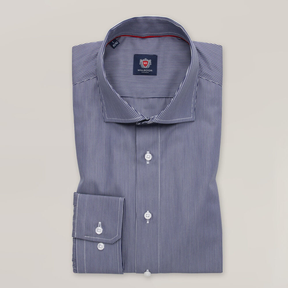 Pánska tmavomodrá pruhovaná košeľa slim fit s talianskym golierom 15704