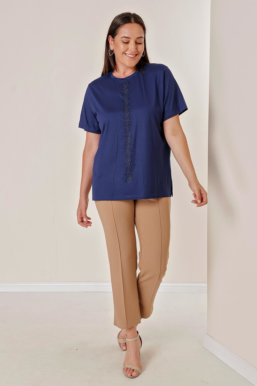 By Saygı Vertical Stone Print Short Sleeves Plus Size Blouse
