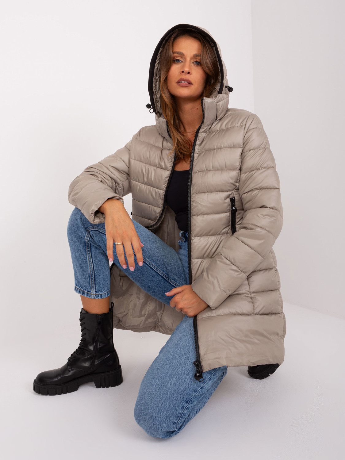 Dark beige women's winter jacket with hood