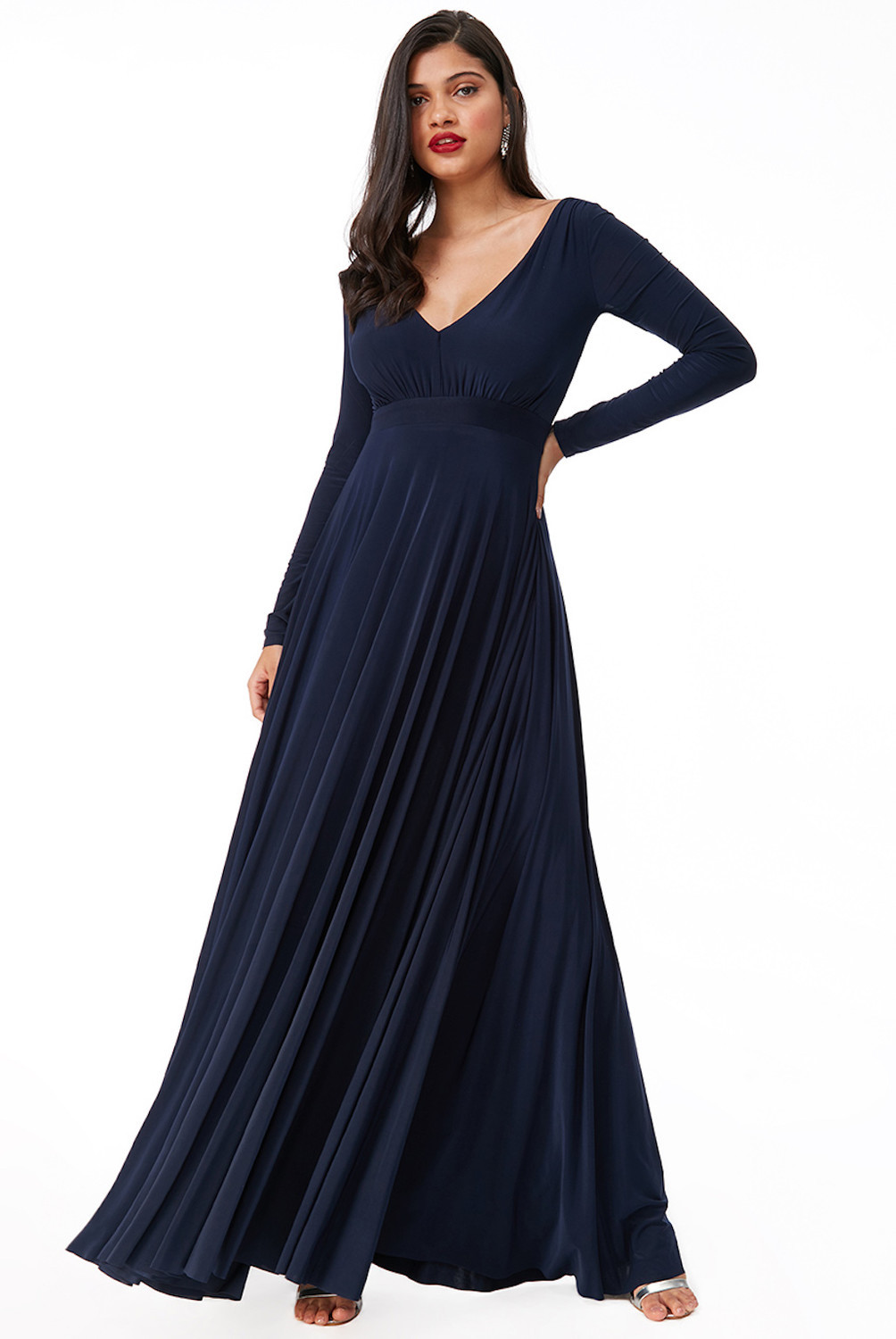 Tmavomodré dlhé spoločenské šaty s rukávmi Veľkosť: S