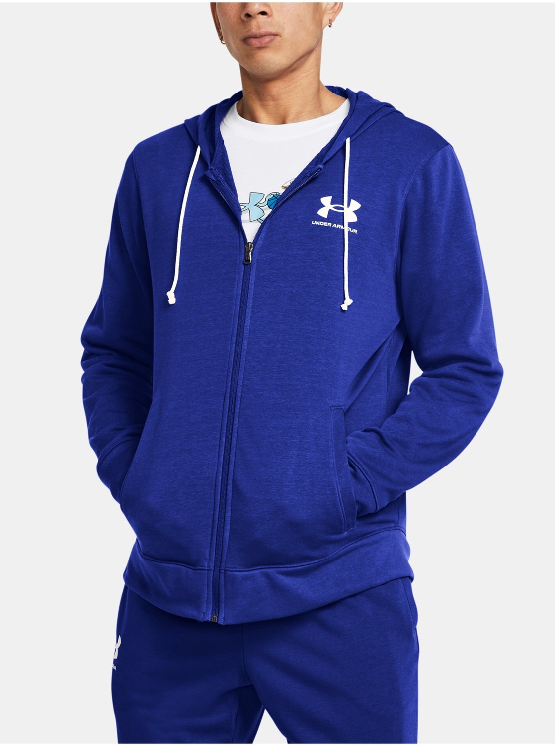 Modrá pánska športová mikina na zips s kapucňou Under Armour UA Rival Terry LC FZ