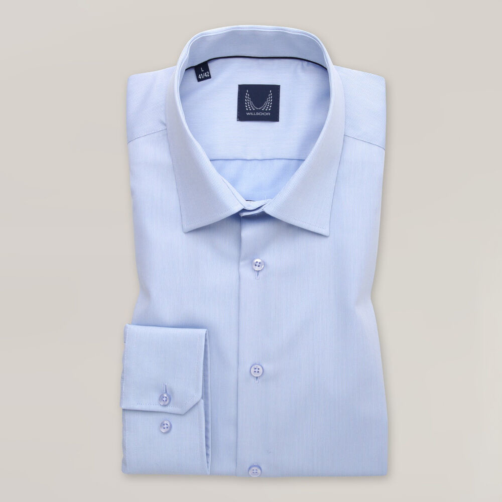 Elegantná pánska košeľa slim fit v modrej farbe s decentným prúžkovaným motívom 15708