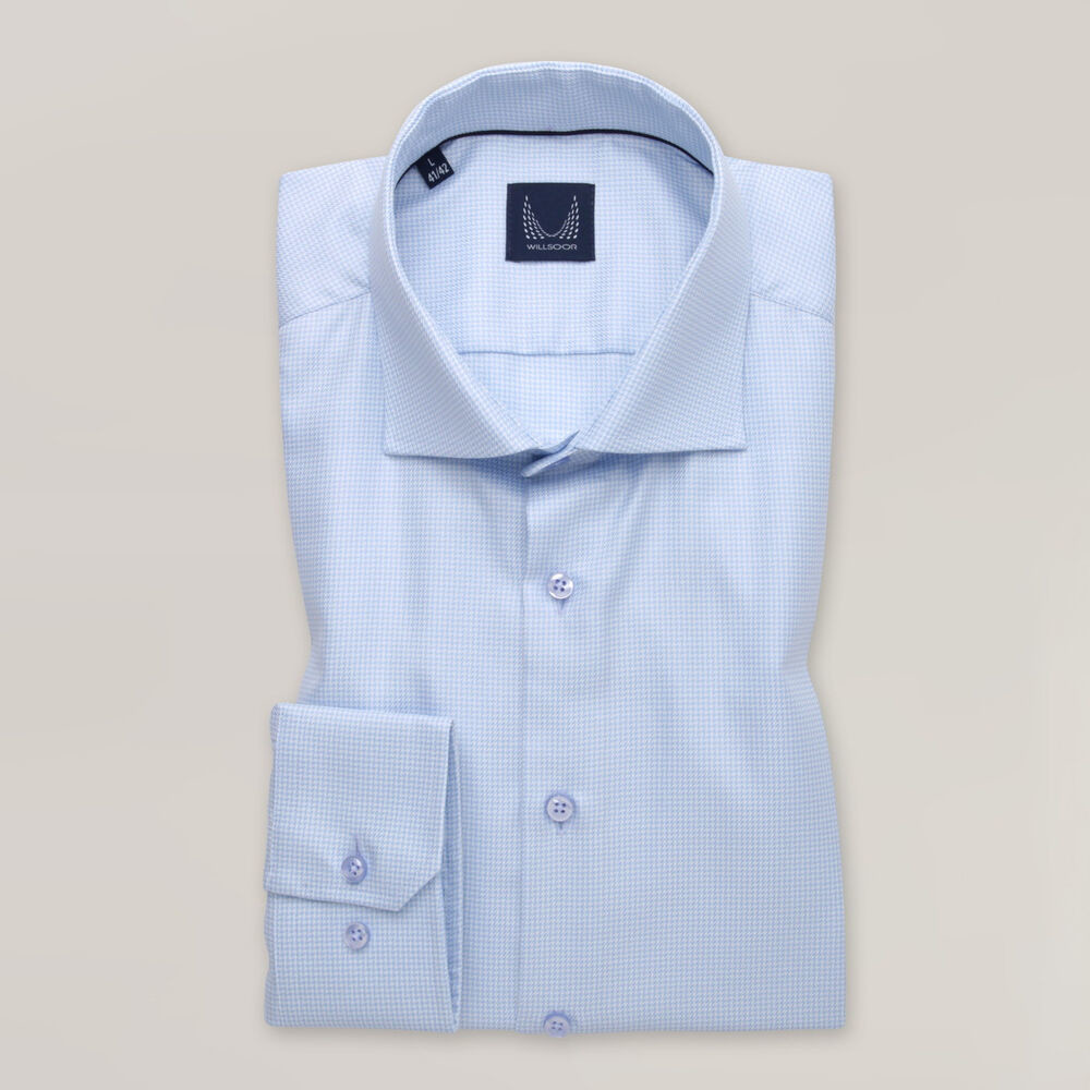 Pánska svetlomodrá košeľa slim fit s decentným vzorom kohútej stopy 15714