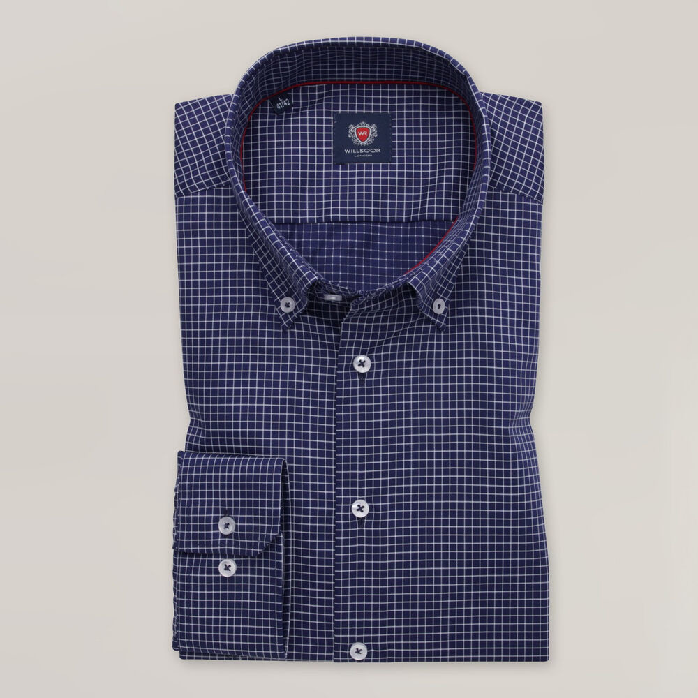 Pánska tmavomodrá košeľa slim fit so svetlým károvaným vzorom 15720