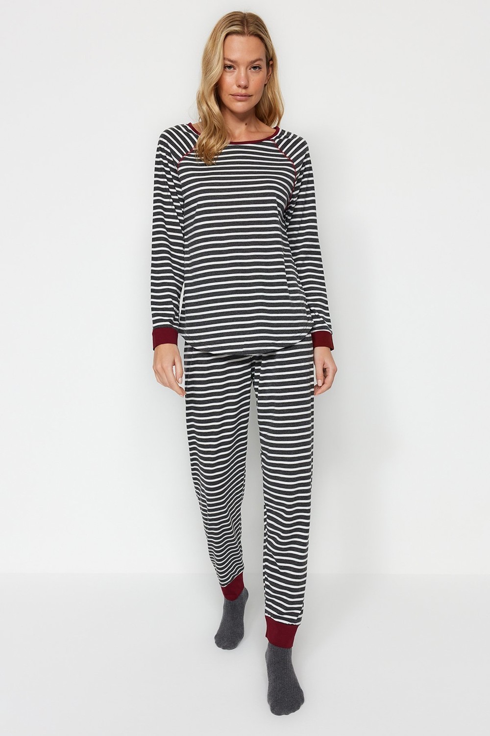 Trendyol Anthracite Multicolored Striped Cotton Tshirt-Jogger Knitted Pajamas Set