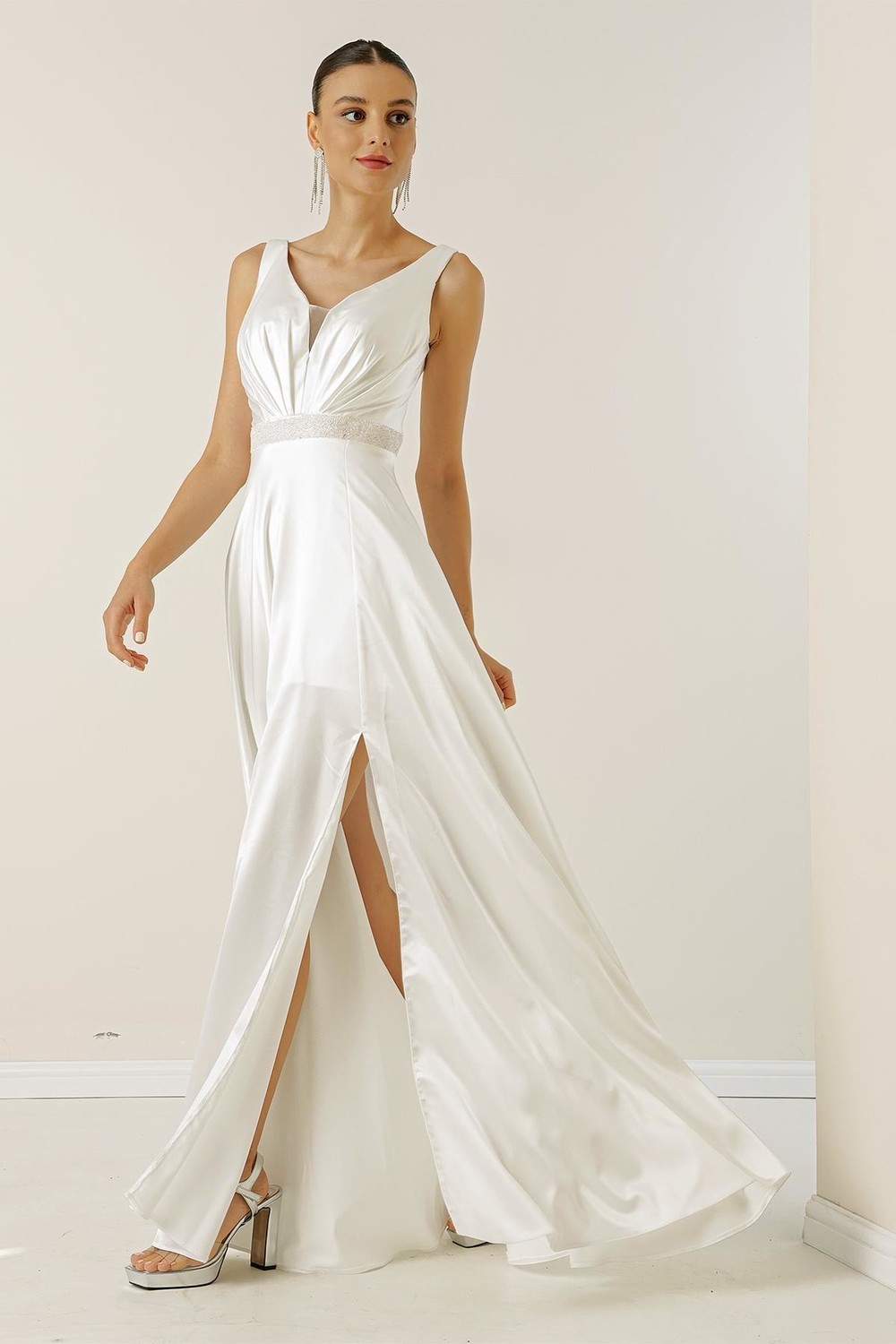 By Saygı V-Neck Wide Straps, Bead-lined Waistline, Wide Body Evening Long Satin Dress