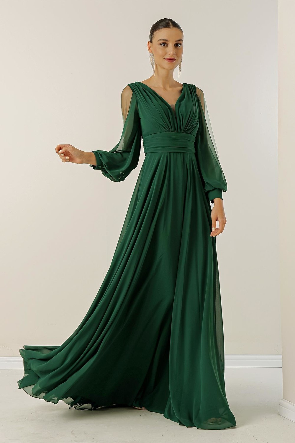 By Saygı Front Back V-Neck Draped Long Sleeves Tulle Lined Wide Body Split Long Chiffon Dress.