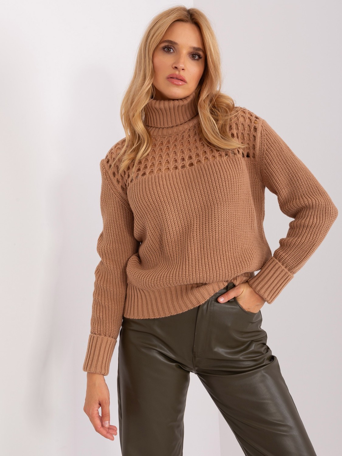 Lady's camel sweater with turtleneck