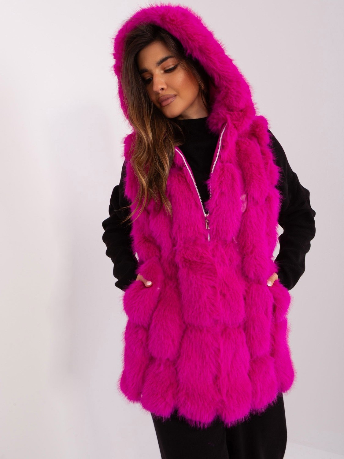 Fuchsia fur vest with eco-leather inserts
