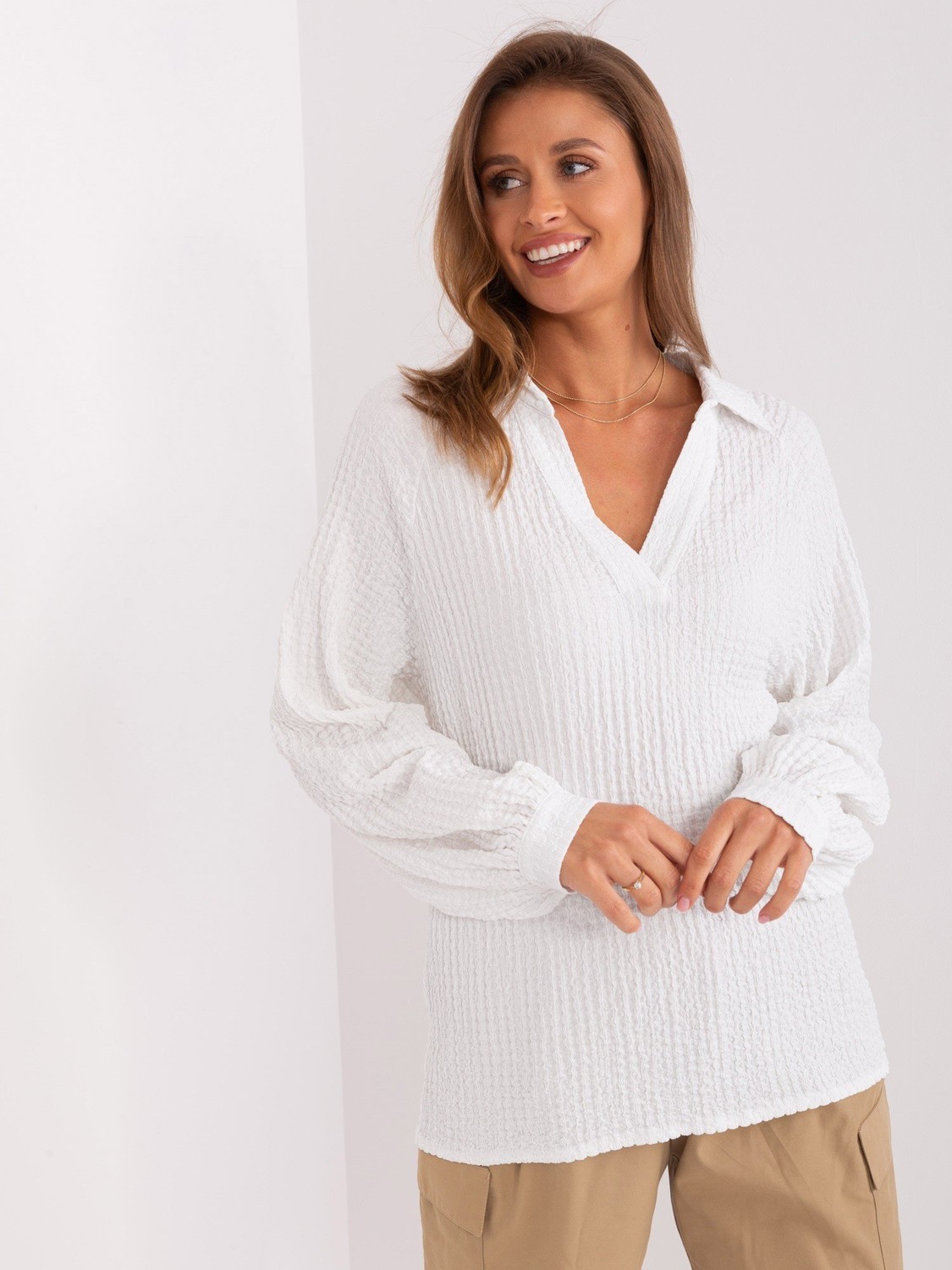Ecru loose shirt blouse with neckline