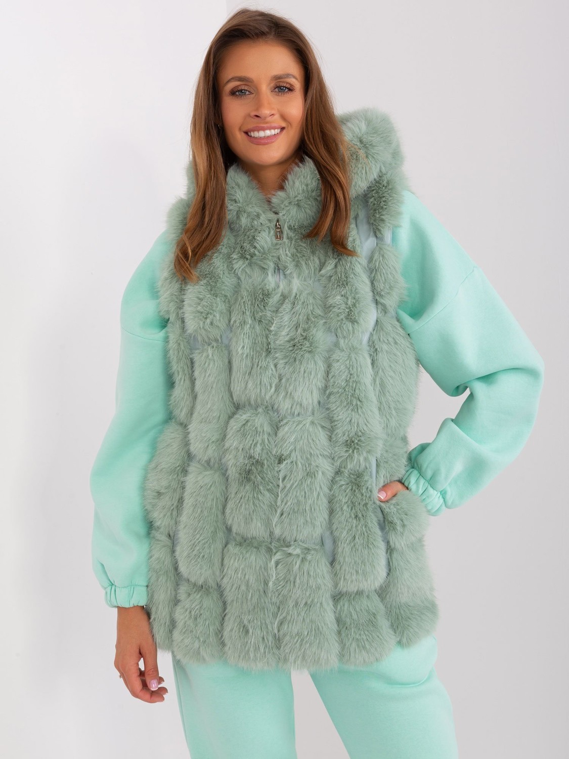 Pistachio fur vest with zipper and hood