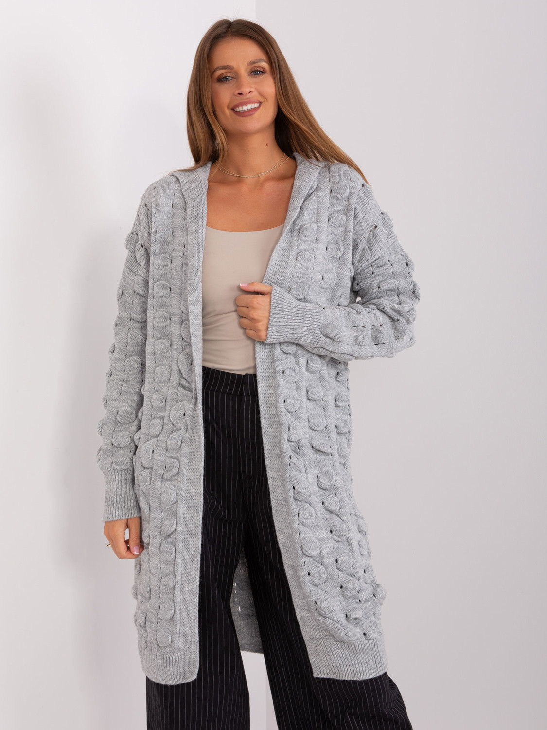 Gray openwork cardigan with hood
