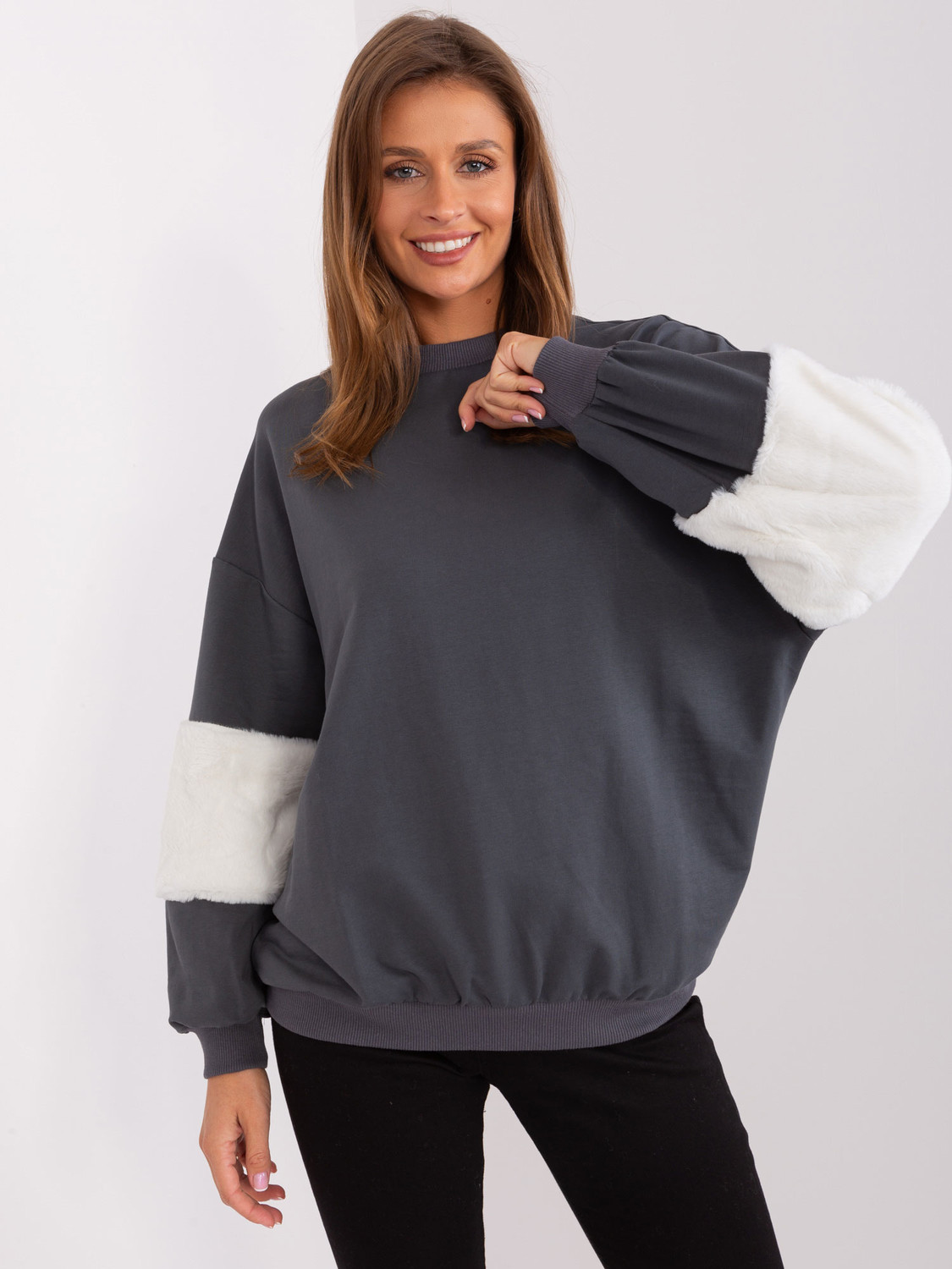 Graphite hooded sweatshirt with fur inserts