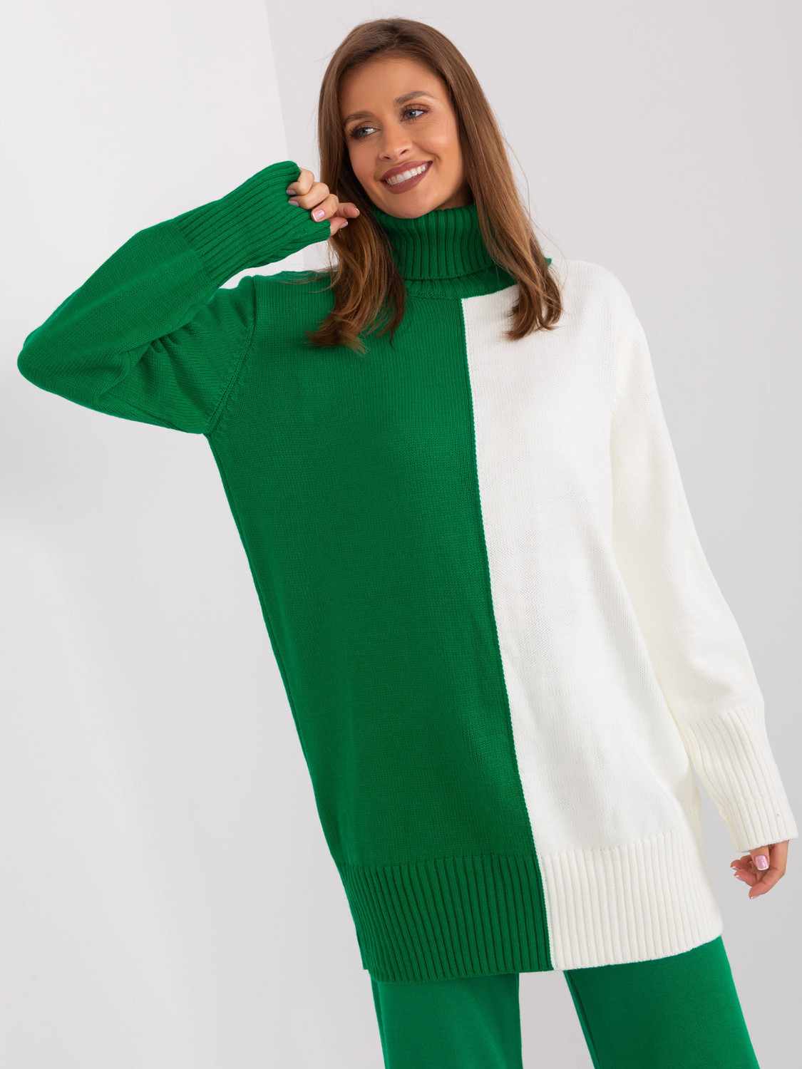 Green and ecru long turtleneck sweater