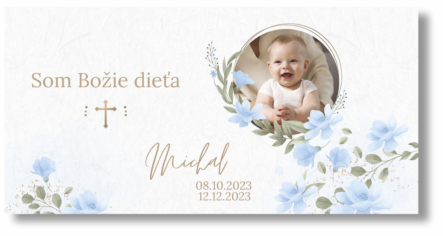 Personal Banner na krstiny - Blue Flowers Rozmer banner: 130 x 65 cm