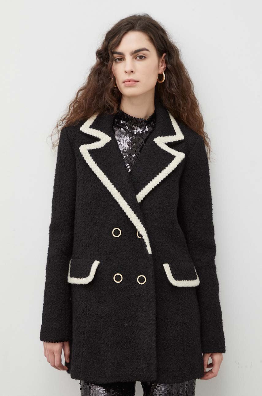 Sako s prímesou vlny BA&SH čierna farba, dvojradová, vzorovaná