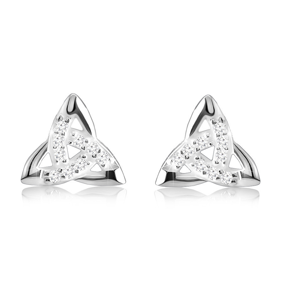 Náušnice zo striebra 925, trojcípy keltský uzol, ozdobné línie z čírych zirkónov