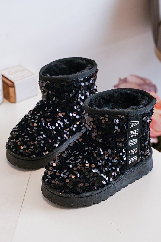 Children's insulated snow boots with sequins, black Rebbica