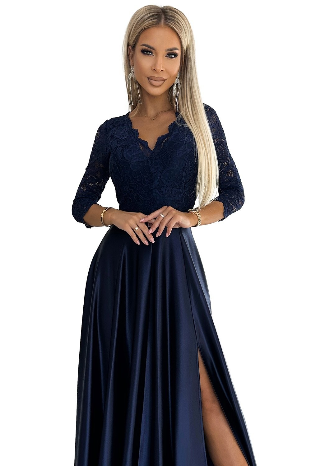 Lace Long Satin Dress with Neckline Numoco