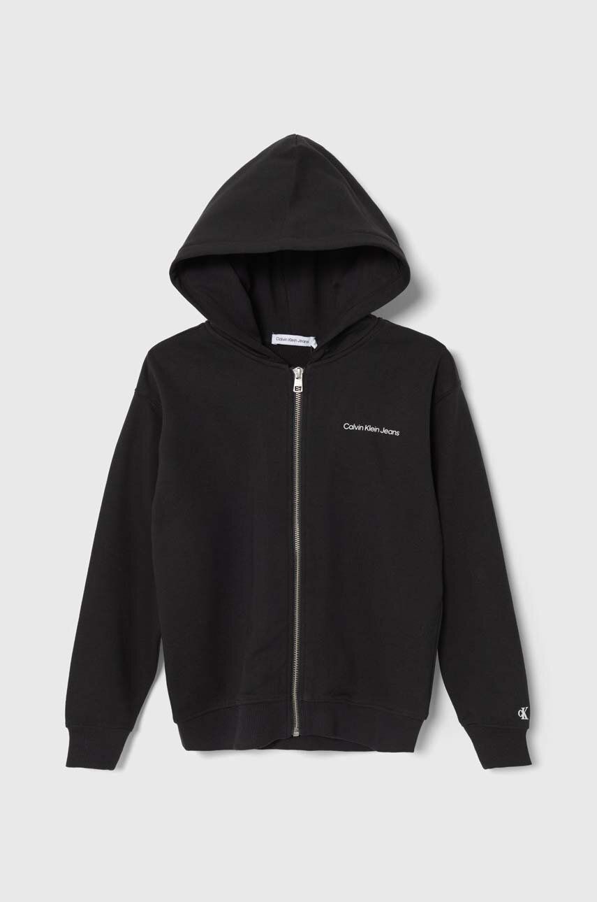 Detská bavlnená mikina Calvin Klein Jeans čierna farba, s kapucňou, s potlačou