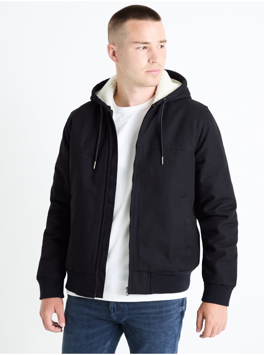 Tmavomodrá pánska bunda s umelým kožúškom Celio Fuhoodie