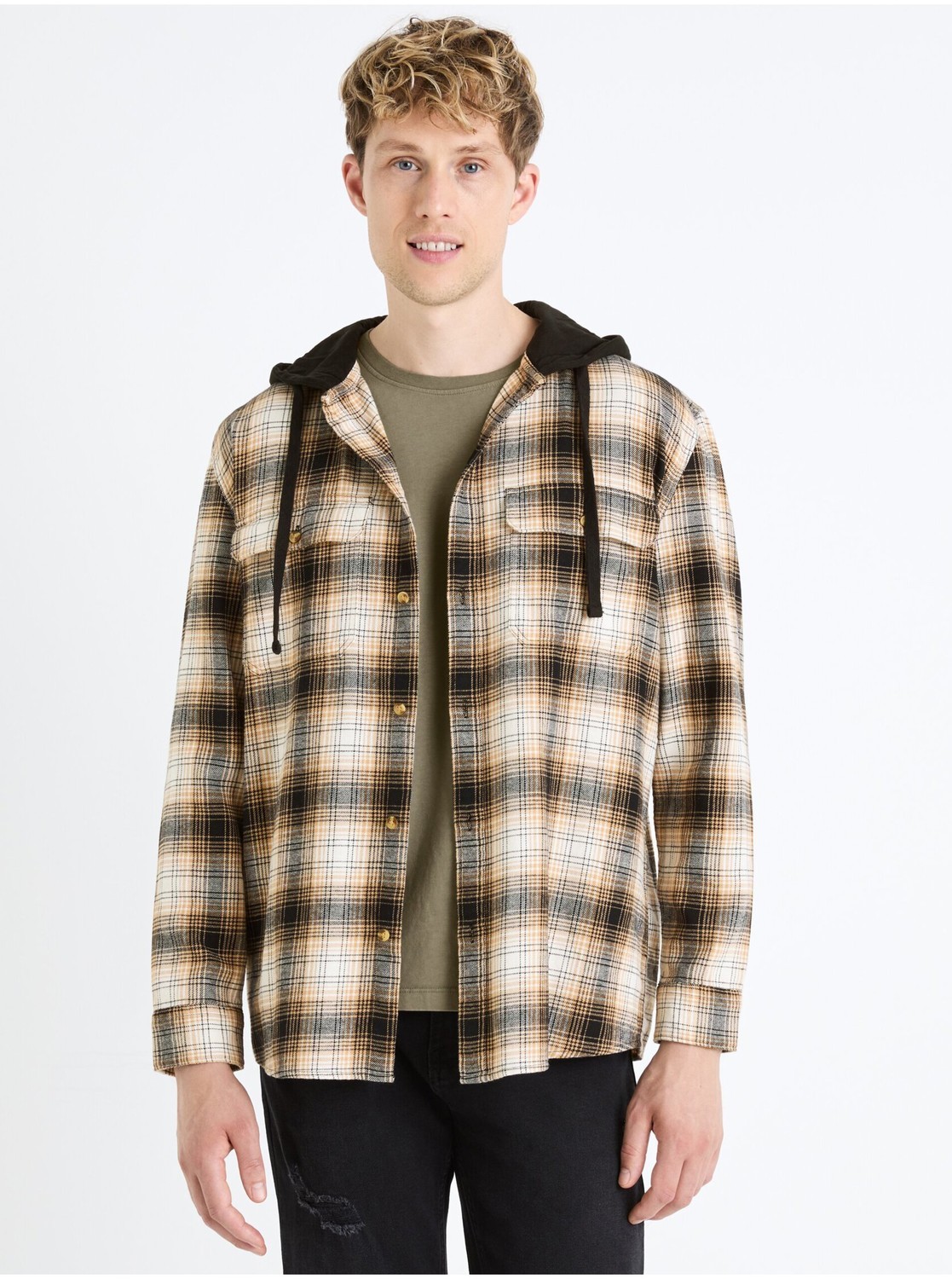 Hnedá pánska kockovaná vrchná košeľa s kapucňou Celio Fapuche