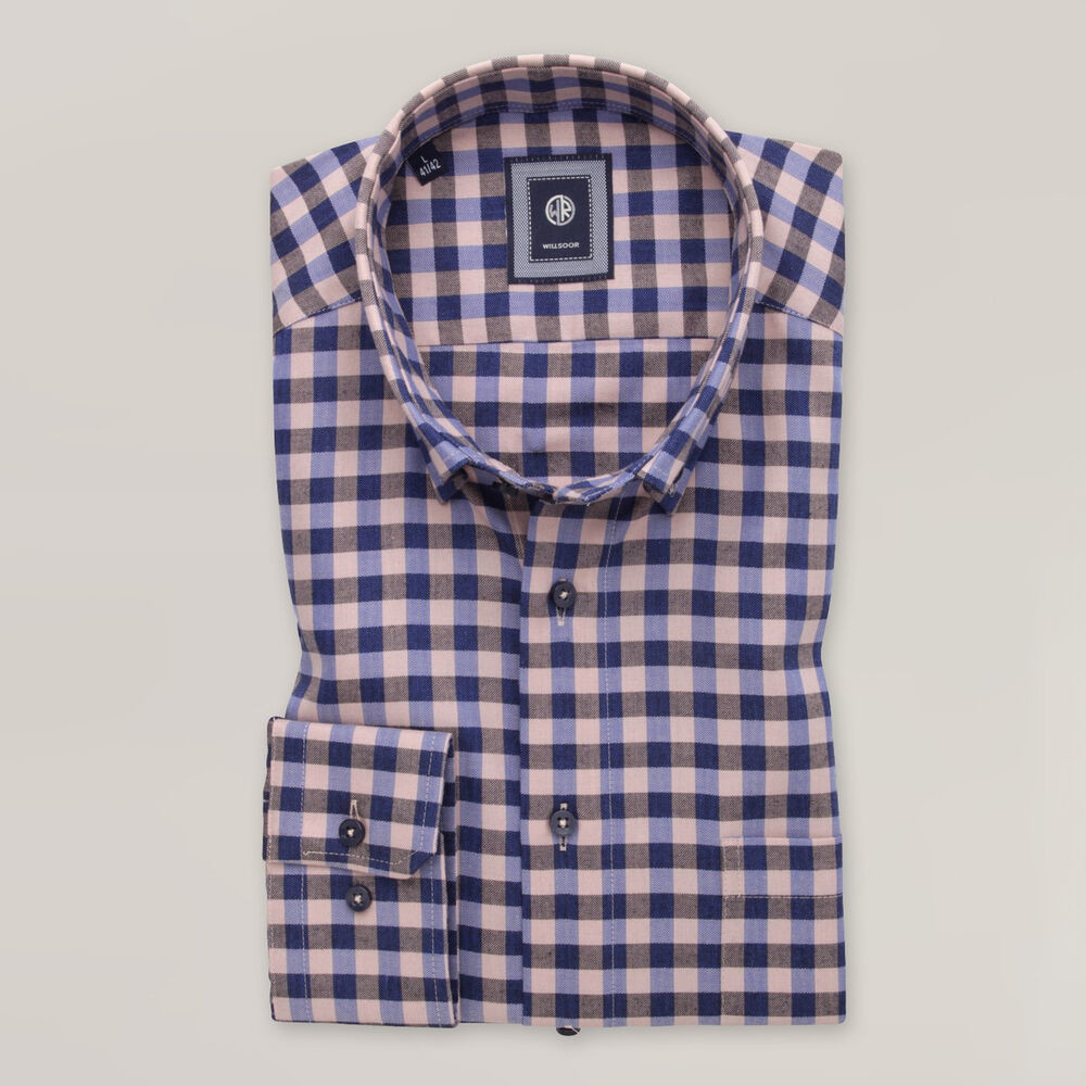 Pánska béžovo-modrá károvaná košeľa slim fit z tencelu 15758