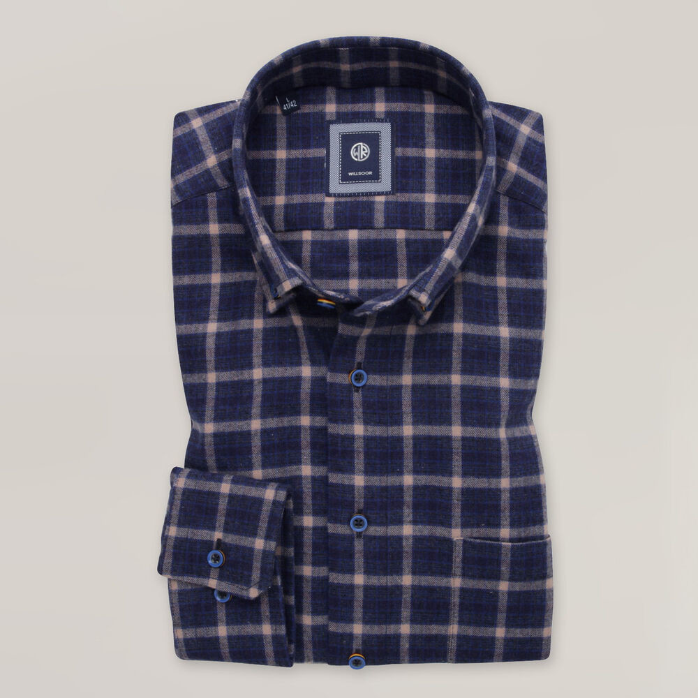 Pánska tmavomodrá károvaná košeľa slim fit s prímesou vlny 15764